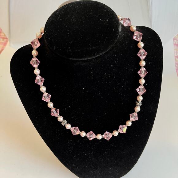 Rose Pink Austrian Crystals & Pearls 16” Necklace Matching Post earrings Set - Picture 2 of 11